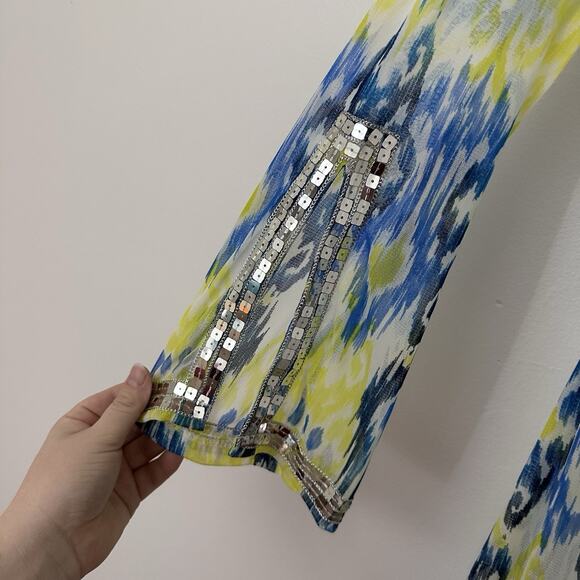 INC Womens M Nylon Sheer Swim Cover Up Ikat Blue Green Sequin Maxi Dress - Picture 4 of 6